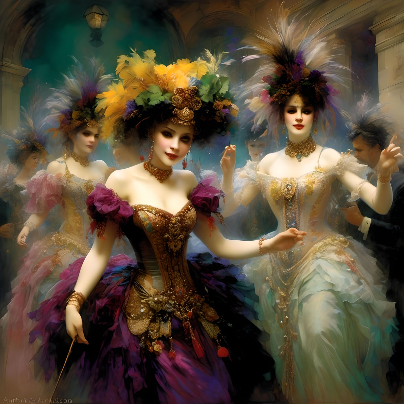 <lora:PaubhariXL:1.0>  19th century Mardi gras masquerade ball, art by Pino Daeni, by arthur rackham