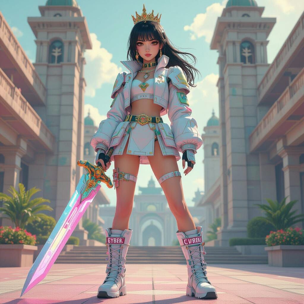 Anime Girl with Cyber Sword in Vaporwave Style
