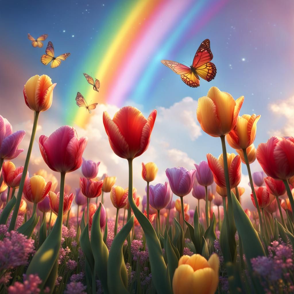 Rainbow Butterfly and Tulips for Kittens: Fantasy Art
