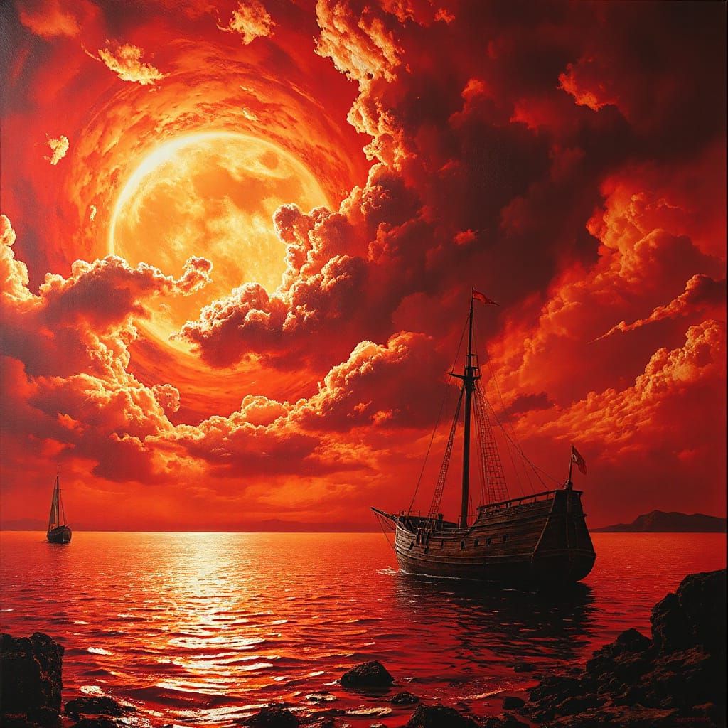 Epic Harbor Under Fiery Sunset in Oil Painting Style