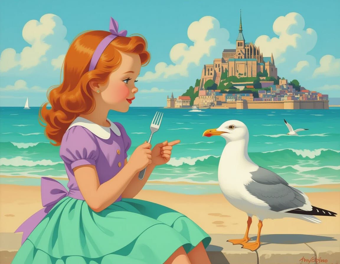 Girl and Seagull Chat on Beach in Pin-Up Style