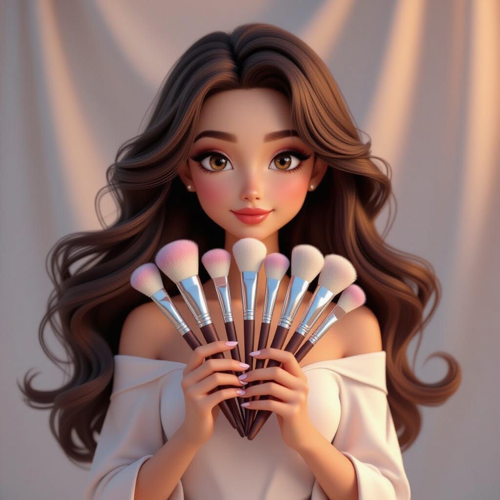 3D Character Holding Iridescent Makeup Brushes in Ethereal S...
