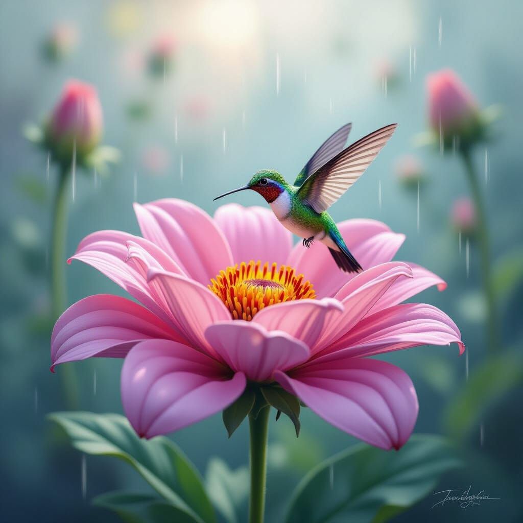 Hummingbird Shelters in Pink Flower Oil Painting