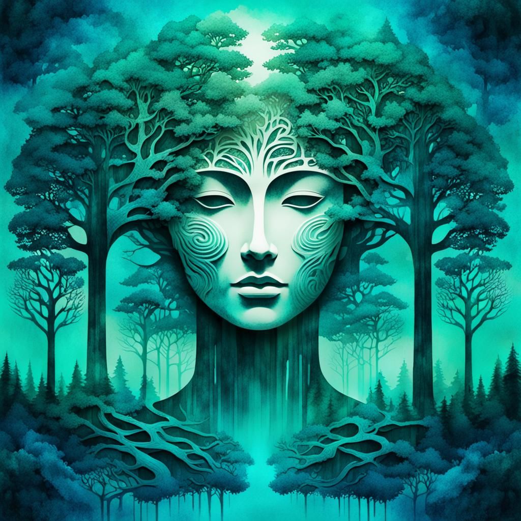 Double Exposure Face and Landscape in Watercolor Style