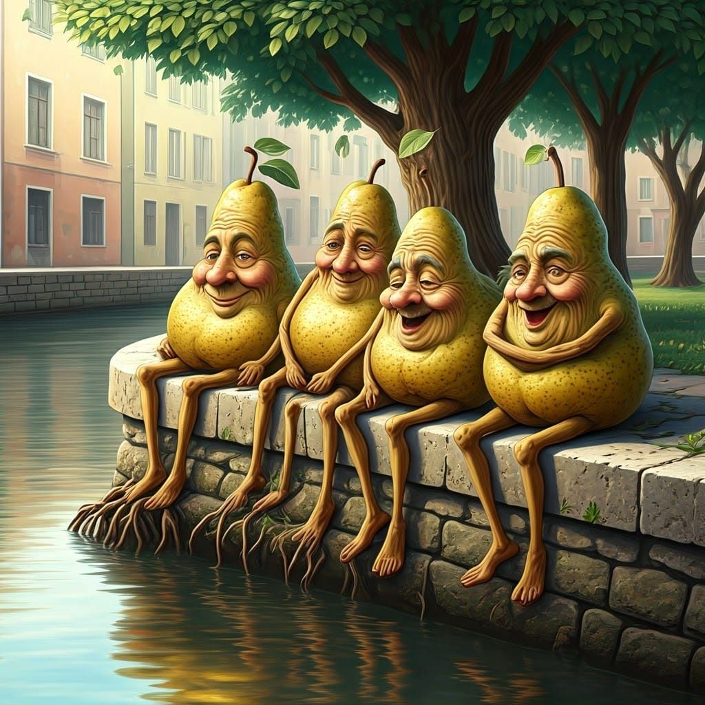 Anthropomorphic Pears Bask in Whimsical Summer Scene