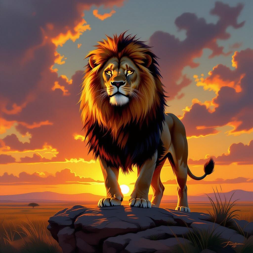 Fiery Lion at Sunset: Fantasy Painting with Hyper-Realistic ...