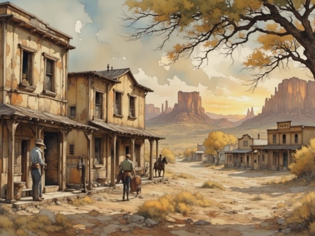 Wild West Village Sunset in Painterly Style