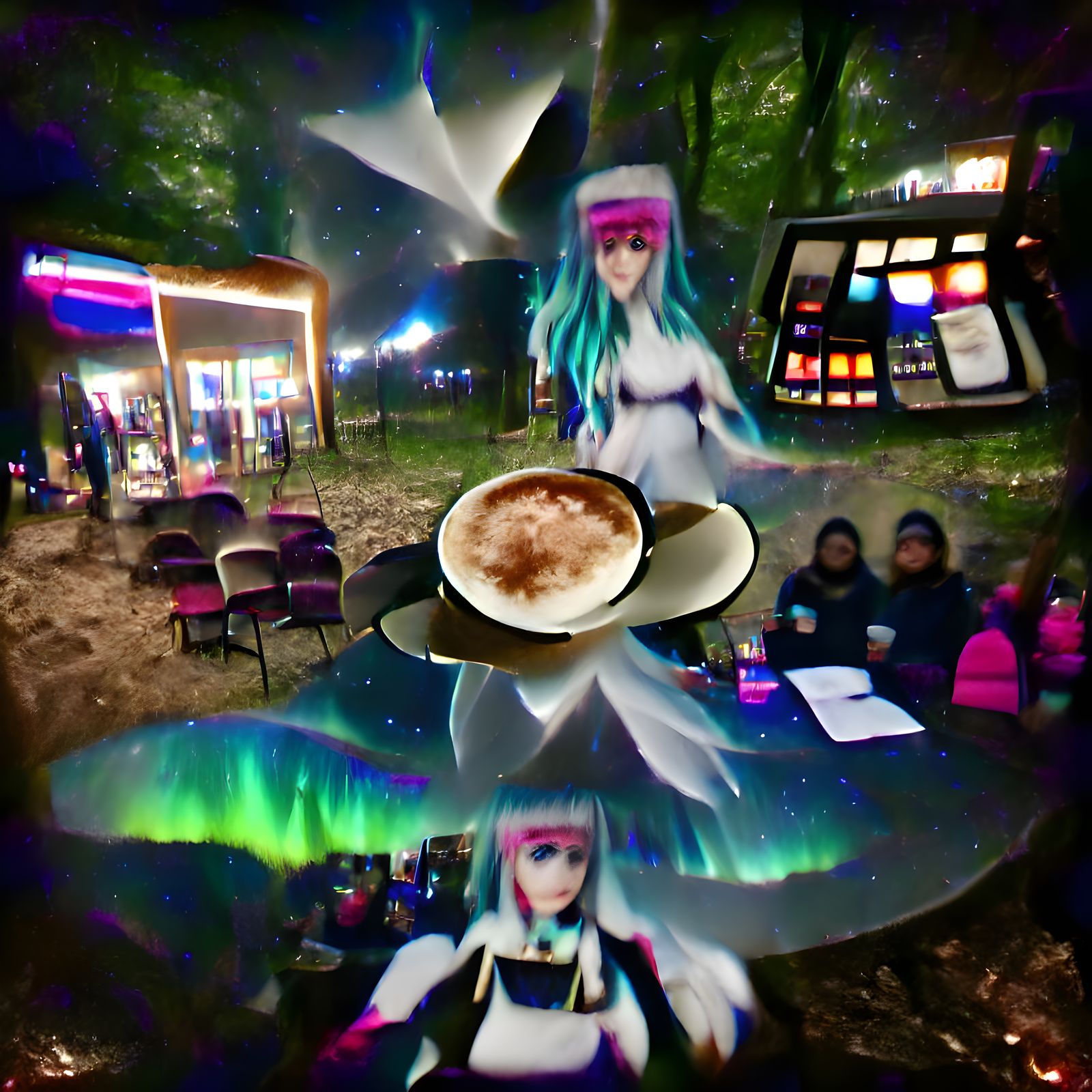 Anime Angel Serves Cosmic Cappuccino in Cyberpunk Cafe