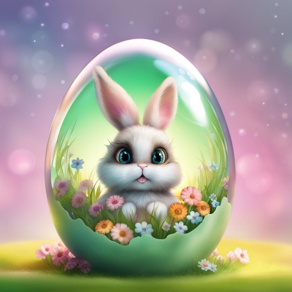 Whimsical Baby Bunny in Glass Egg: Hyperrealistic Art