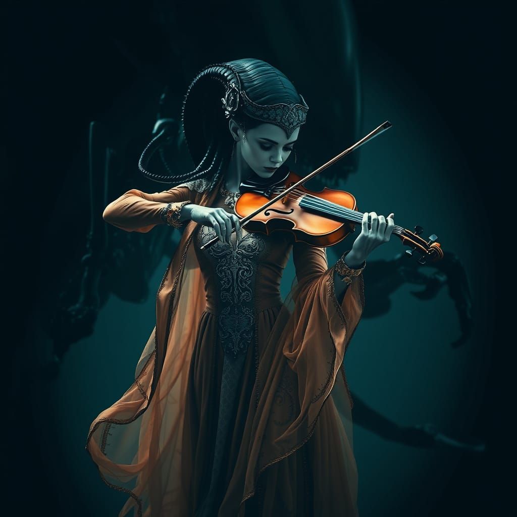 Surreal Xenomorph Beauty Plays Violin in Dark Double Exposur...