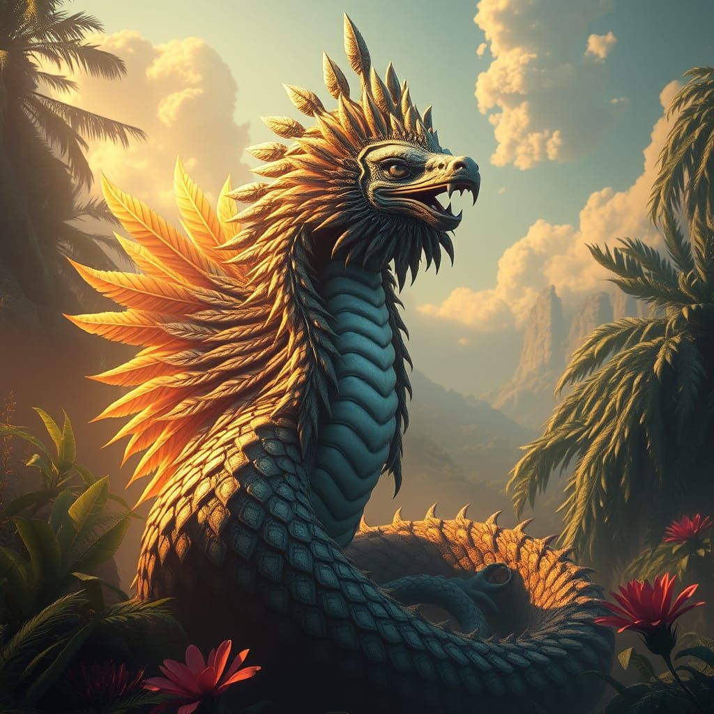 Majestic Feathered Serpent God Quetzalcoatl in Fantasy Lands...