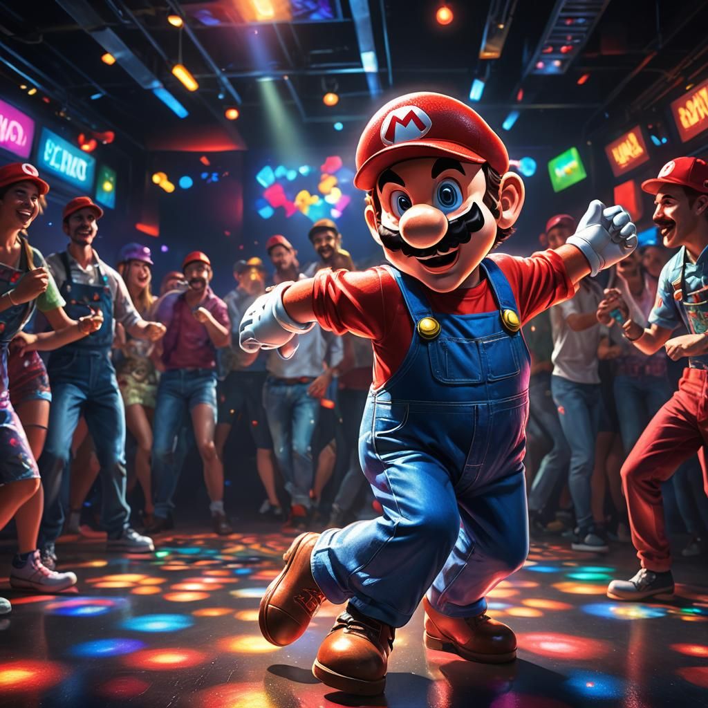 Mario Dances in a Vibrant Nightclub: Hyperrealistic 3D Art