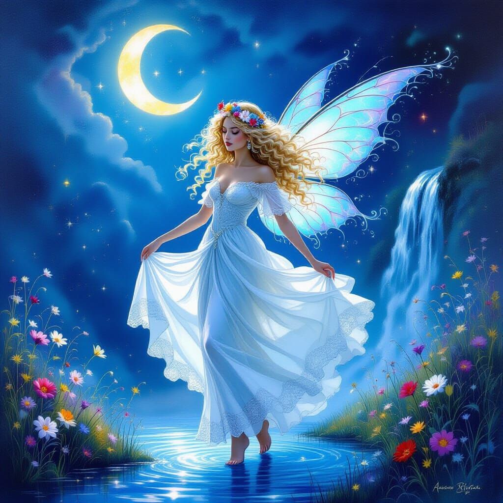 Surreal Fairy Dancing Under a Luminous Moon