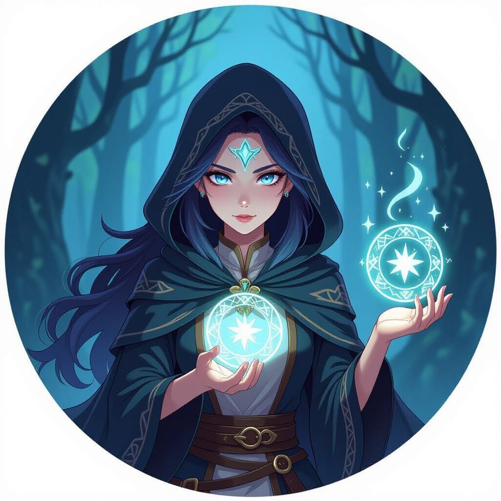 Anime Sorceress in Dark Forest with Glowing Runes