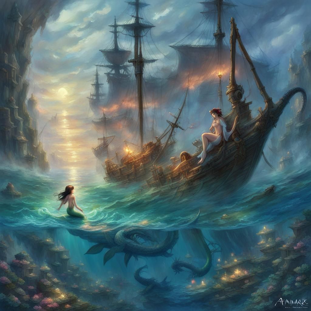 Mermaid and Sea Serpent by Sunken Ship, Anime Art