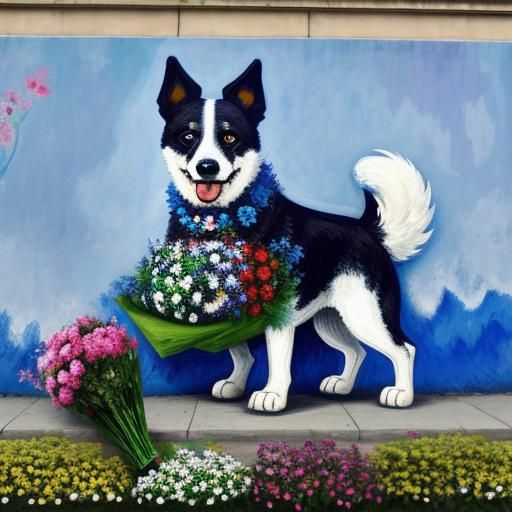 Dog with Flowers in Chagall and Monet Style