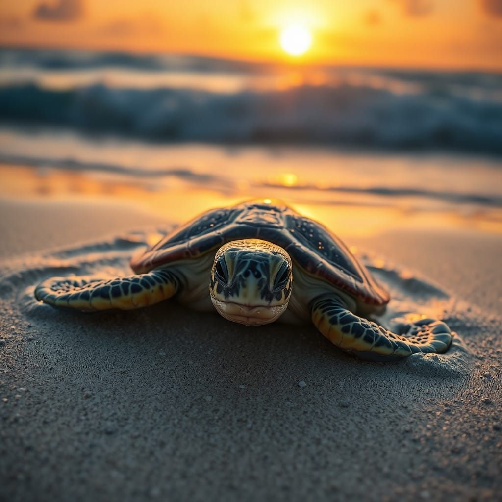 Turtle on Beach in Photorealistic Wildlife Style