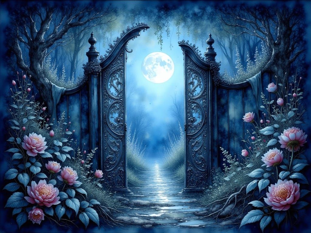 Ethereal Forest Clearing with Ornate Silver Gate