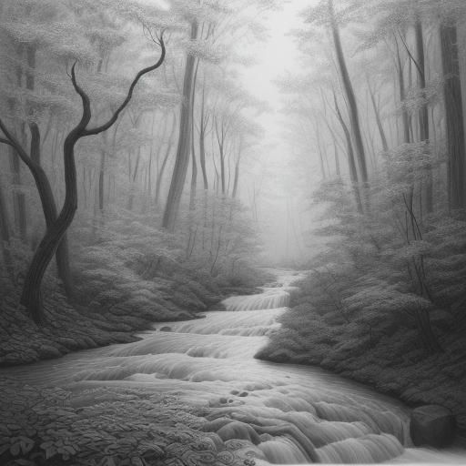 Monochrome Forest with Golden River Pencil Sketch