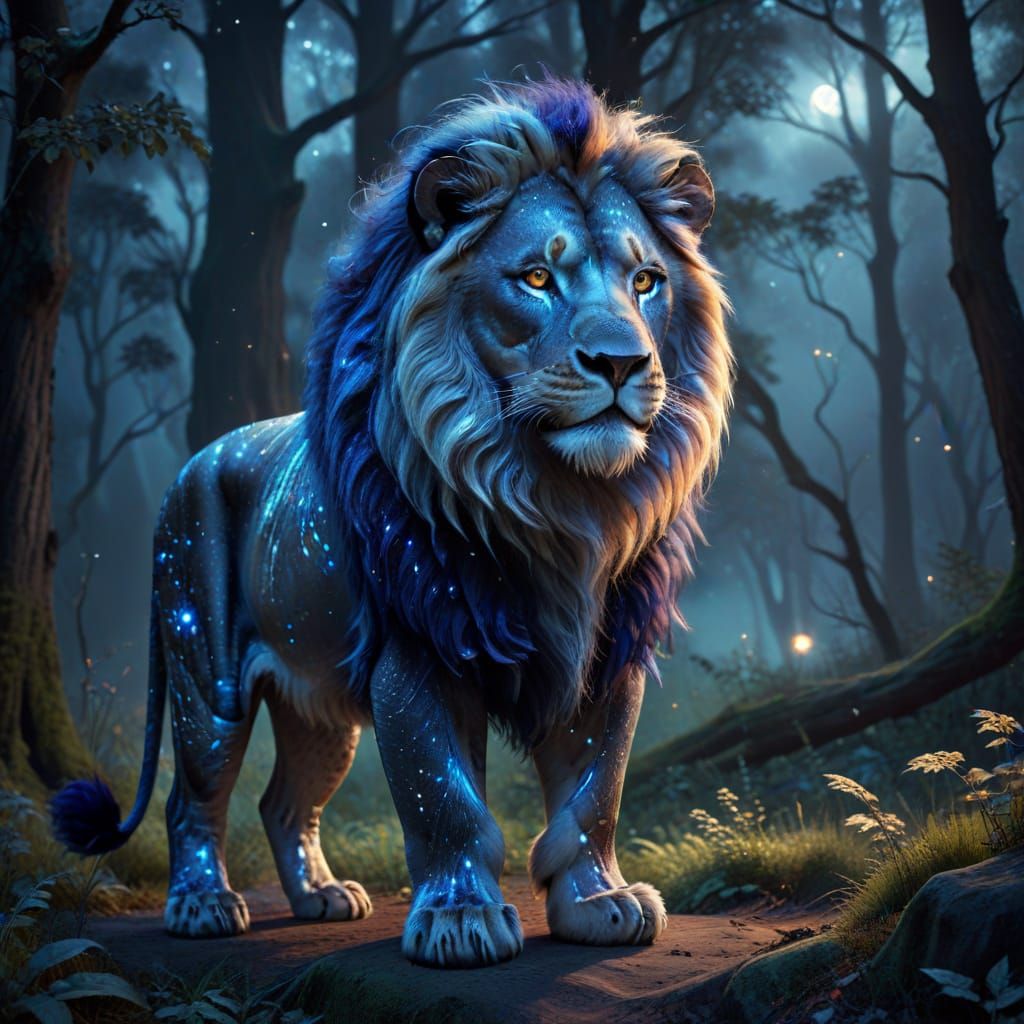 Fantasy Lion with Starry Sky Fur in Forest