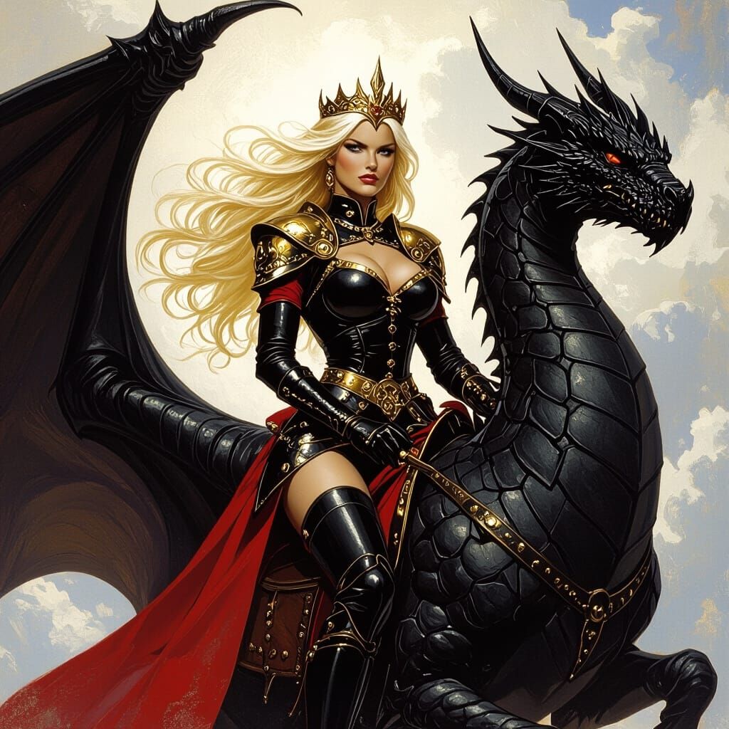 Warrior Queen on Dragon in Fantasy Art Style