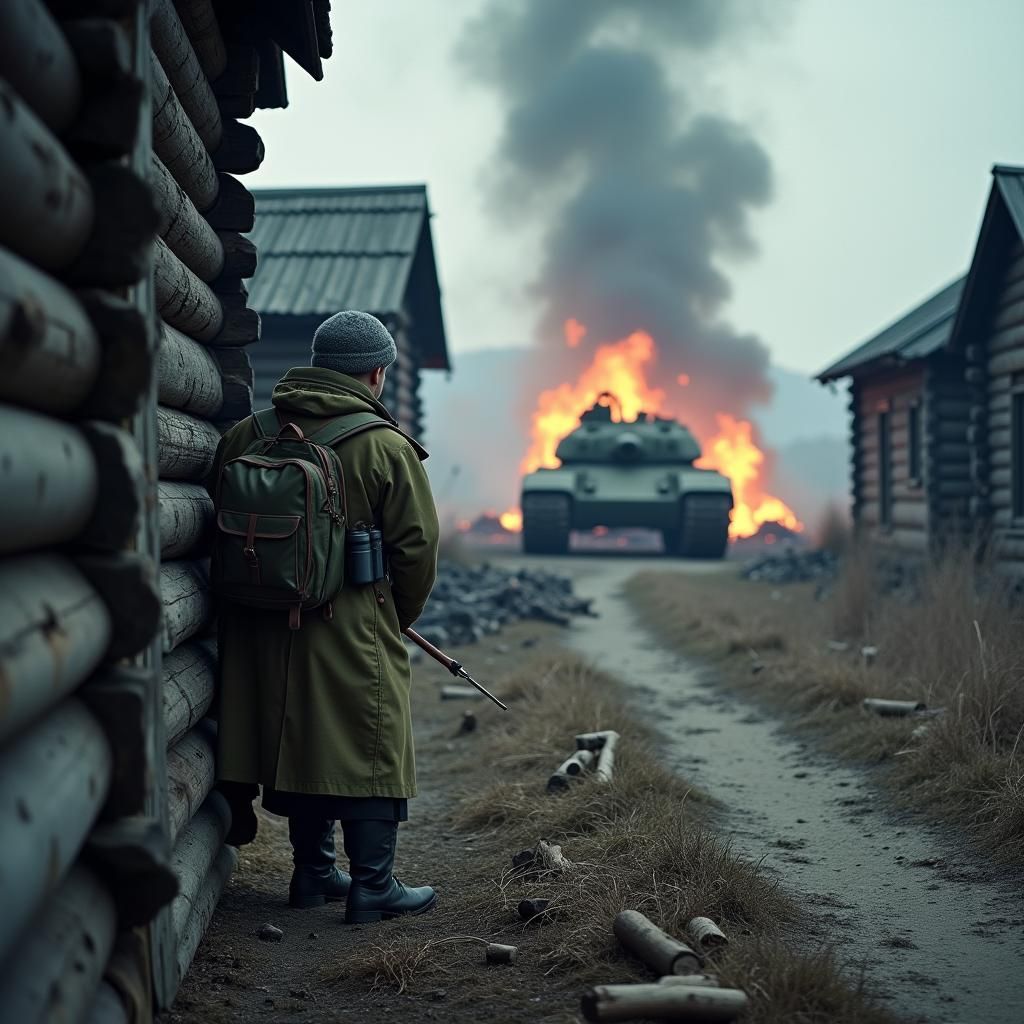 Wartime Village Scene with Soldier and Tank