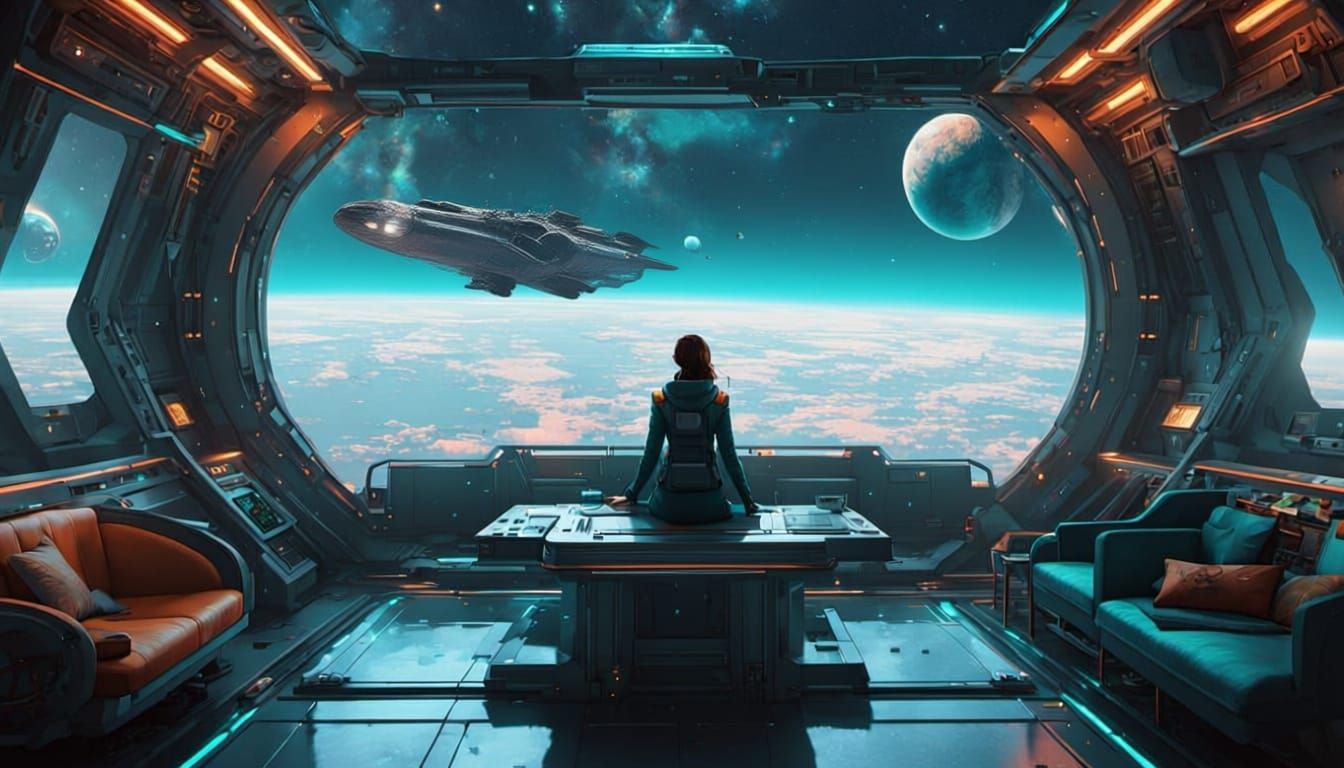 Woman Watches Starship Depart from Space Station Lounge