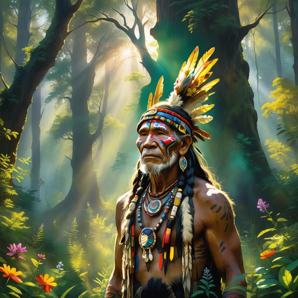 Indigenous Shaman in Mystical Forest, Dreamlike Painting