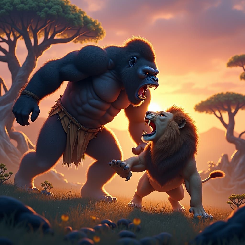 Gorilla Dominates Lion in Sunset Savannah Battle