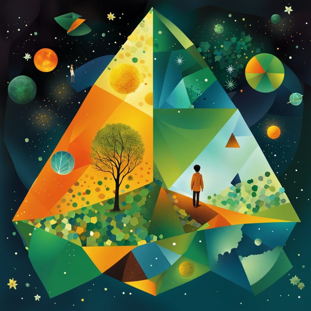 Cubist depiction of the Little Prince watering a small plane...