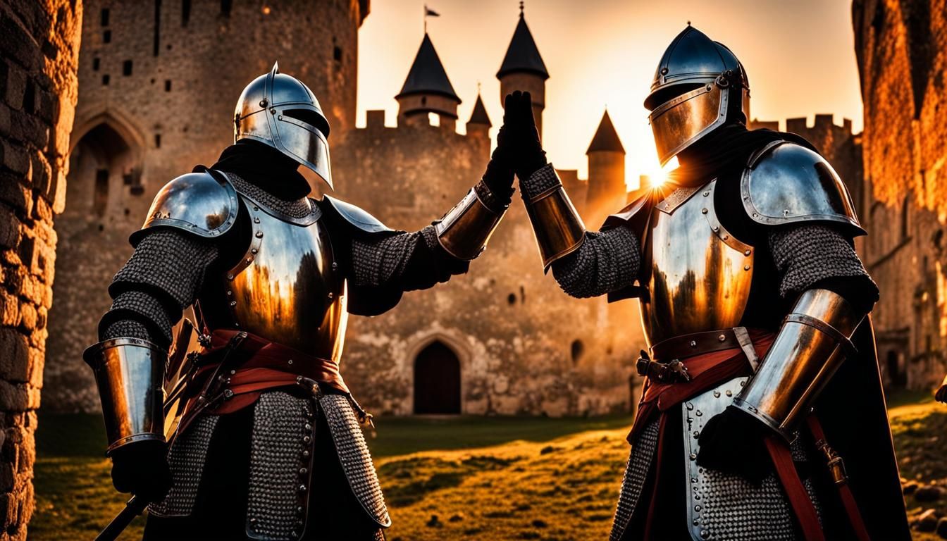 Medieval Knights Celebrate with a High Five