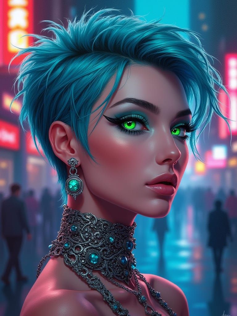 Neon Punk Cyborg Portrait in Acrylic Painting