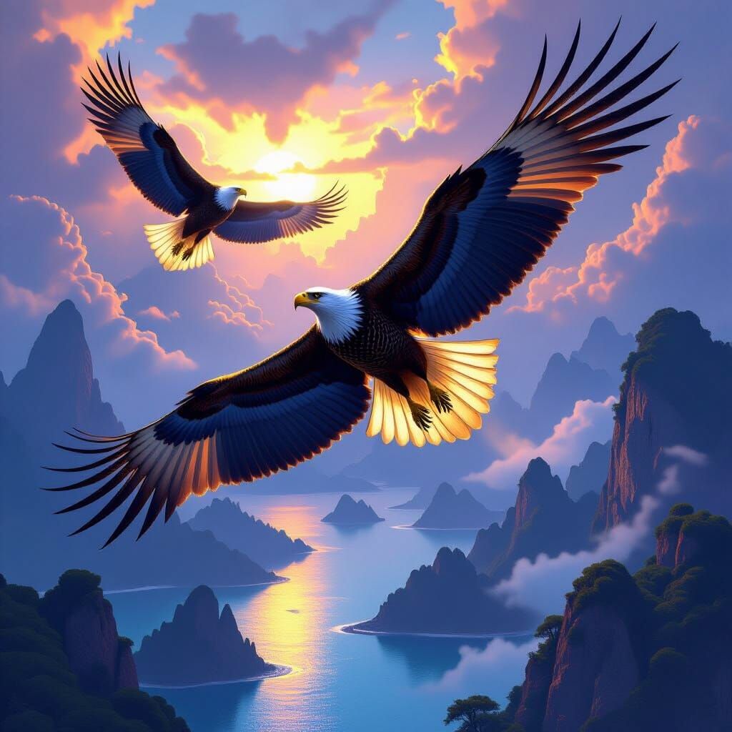 Sunstrike Eagles Soar Above Mystical Islands