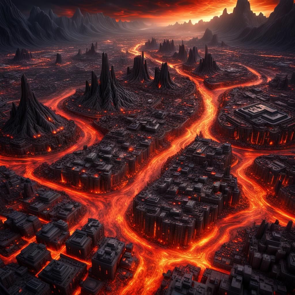 Cosmic Lava River City in Hyperrealistic Style