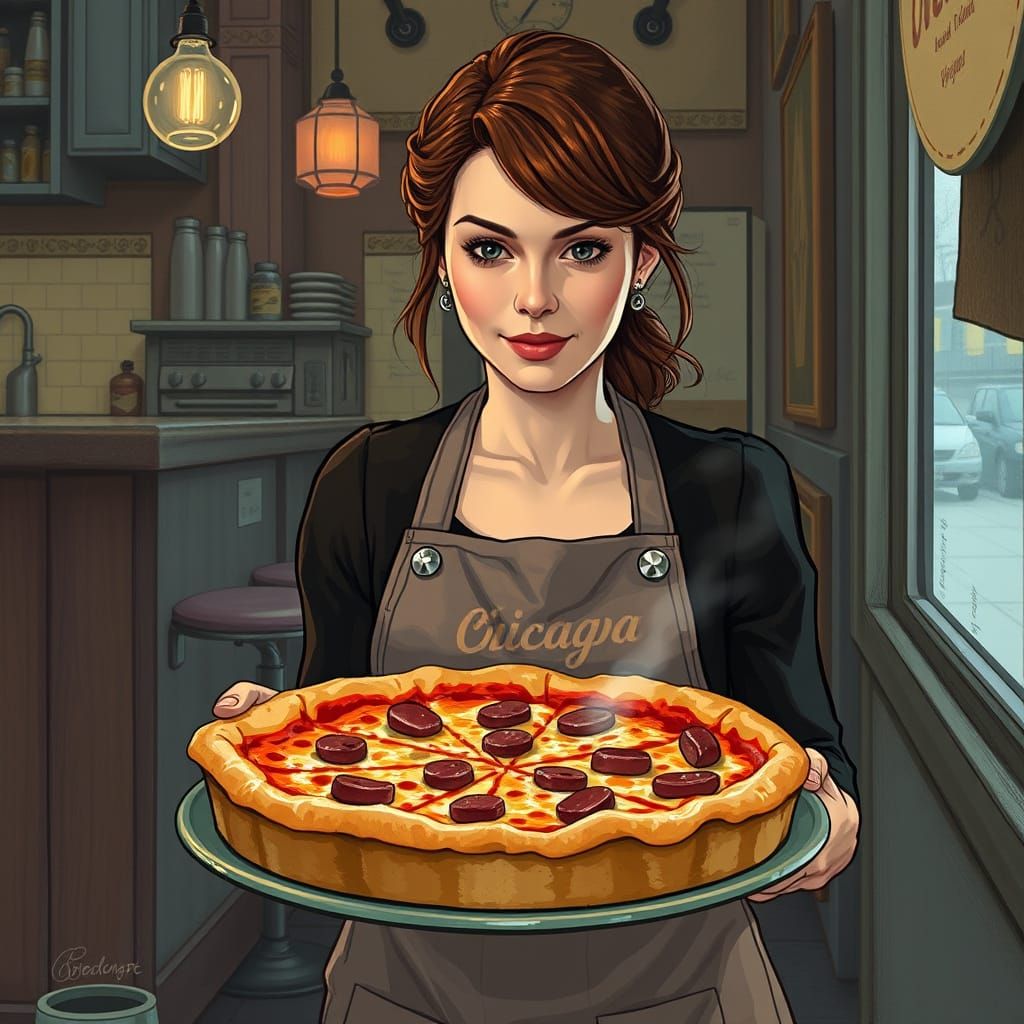 Woman Serving Chicago Pizza in Realism Style