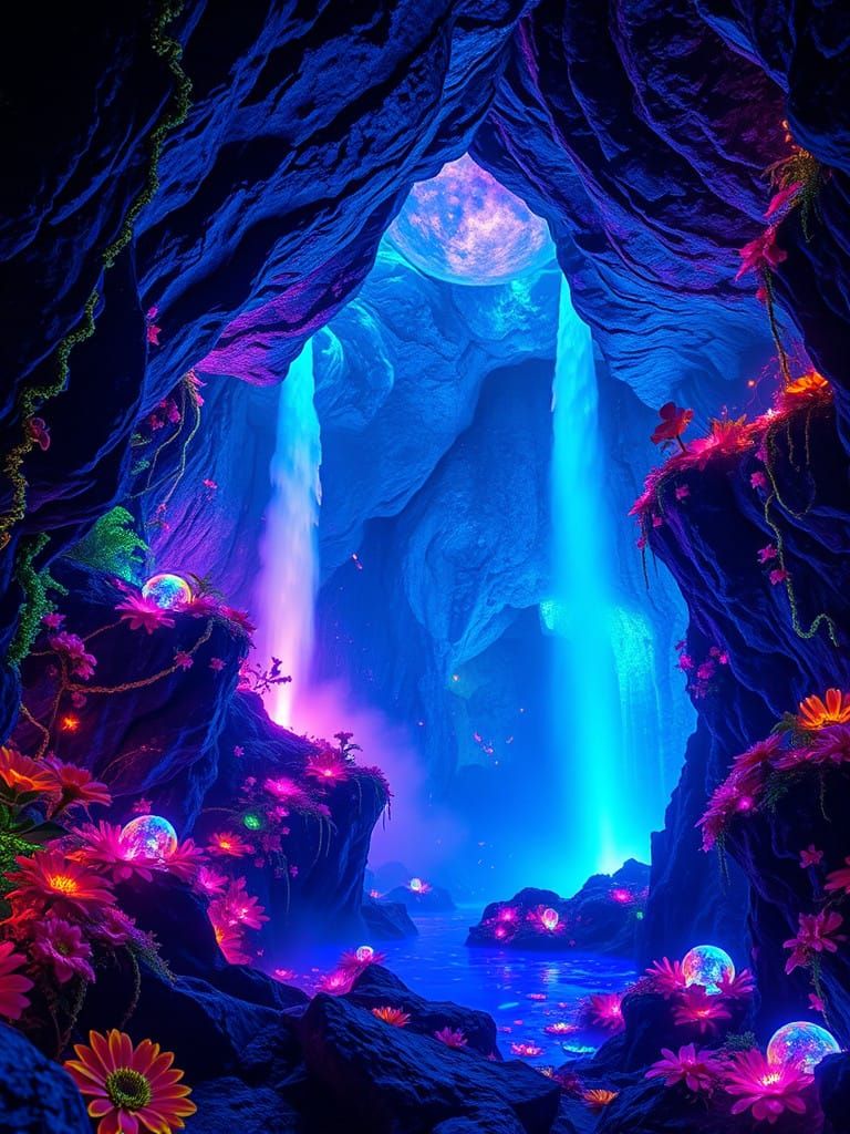 Otherworldly Bioluminescent Oasis in Cosmic Cavern