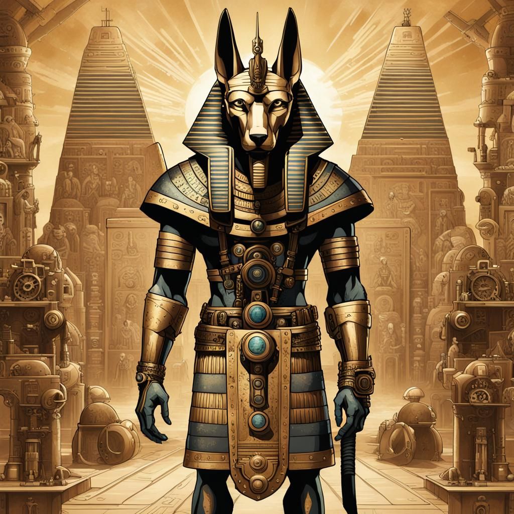 Biomechanical Anubis in pharaoh regalia, full body view, gears and mechanical parts integrated into ancient Egyptian att...