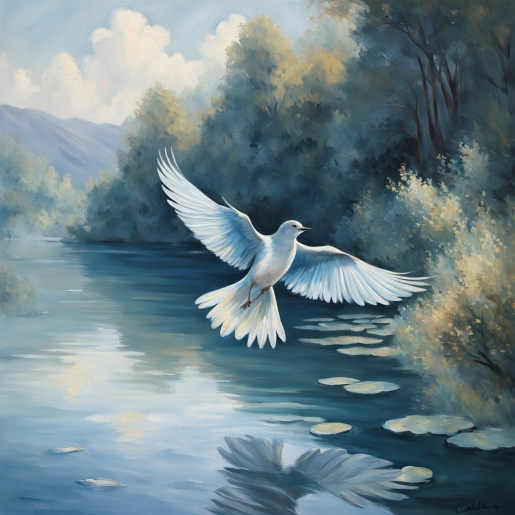 Impressionist Bird Flight Over Blue Lake