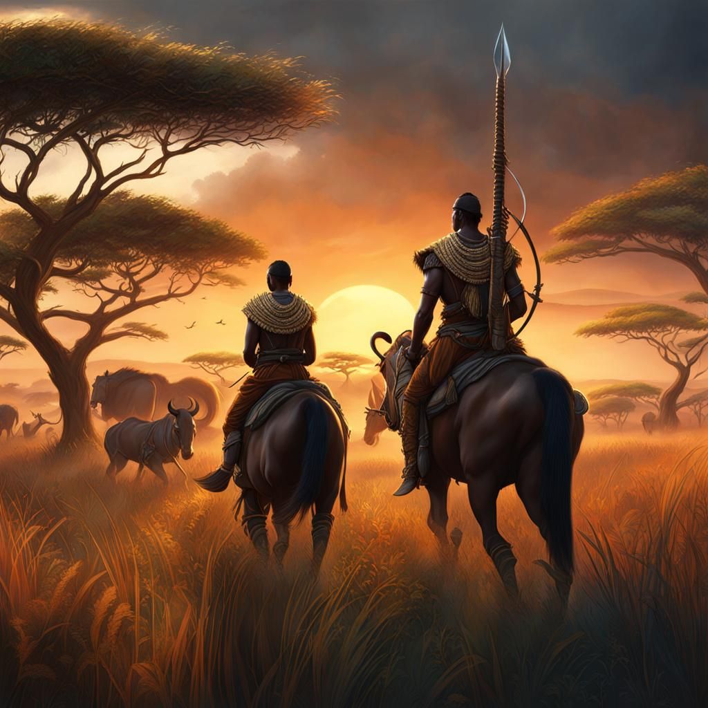 Safari Sunset: African Warrior and Son