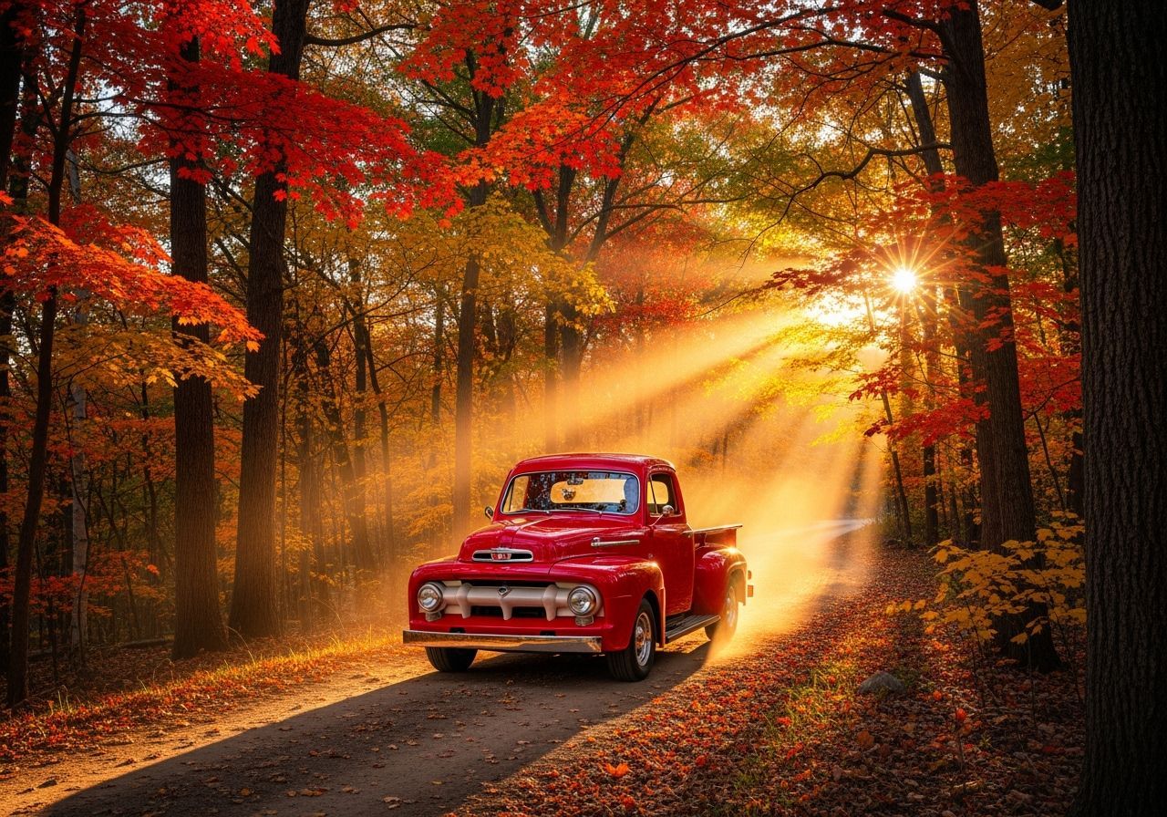 Classic Red Pickup Truck in Autumn Forest at Sunset