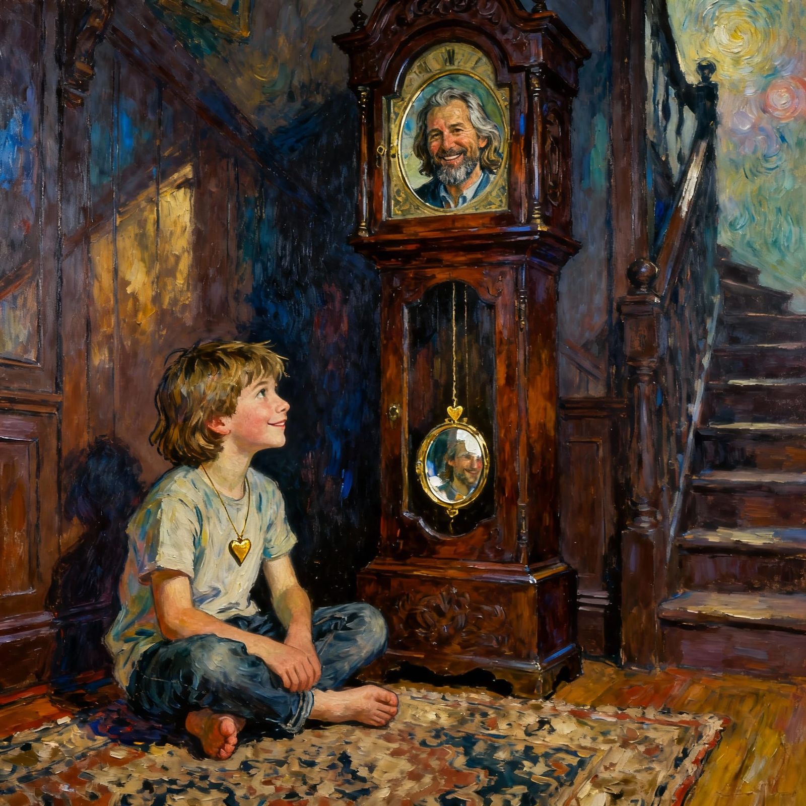 Boy and Reflection in Victorian Grandfather Clock