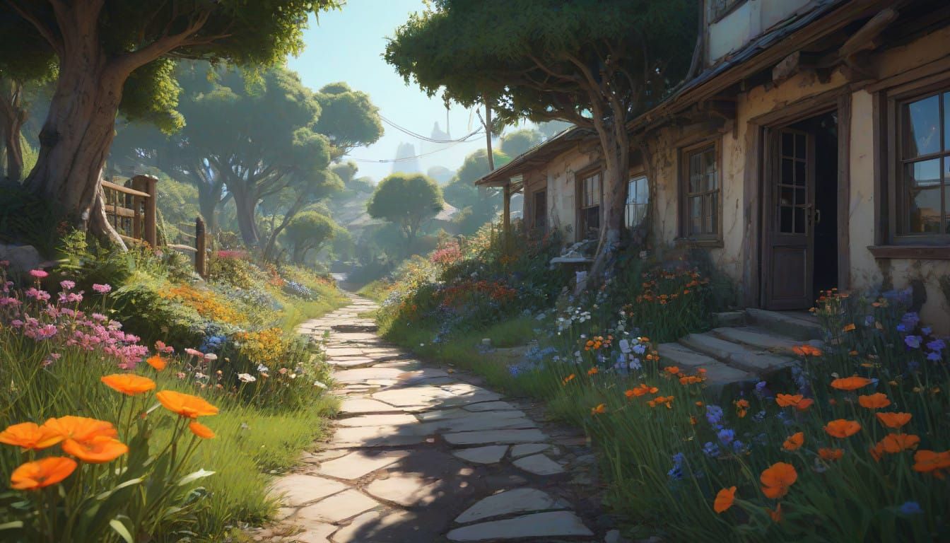 Hyperrealistic Garden Scene with Wildflowers and Orchard