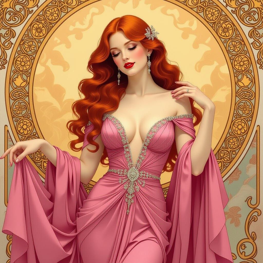 Elegant Woman in Pink Gown, Art Nouveau Style