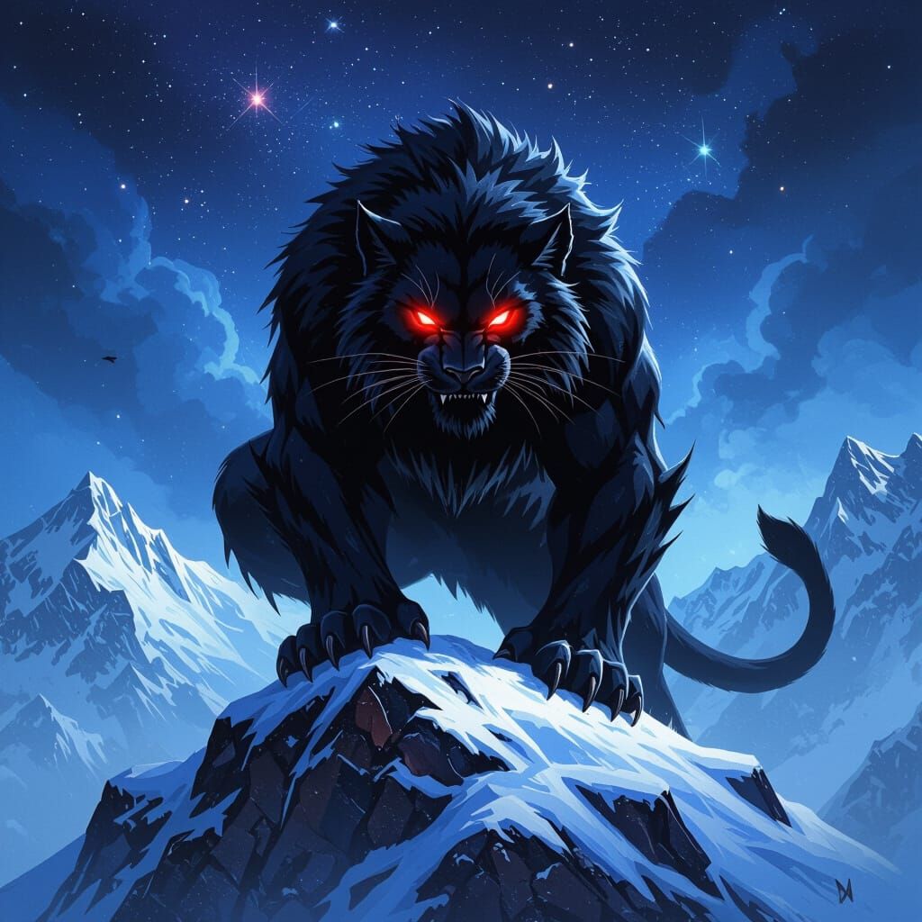 Black Mountain Lion Monster on Snowy Peak