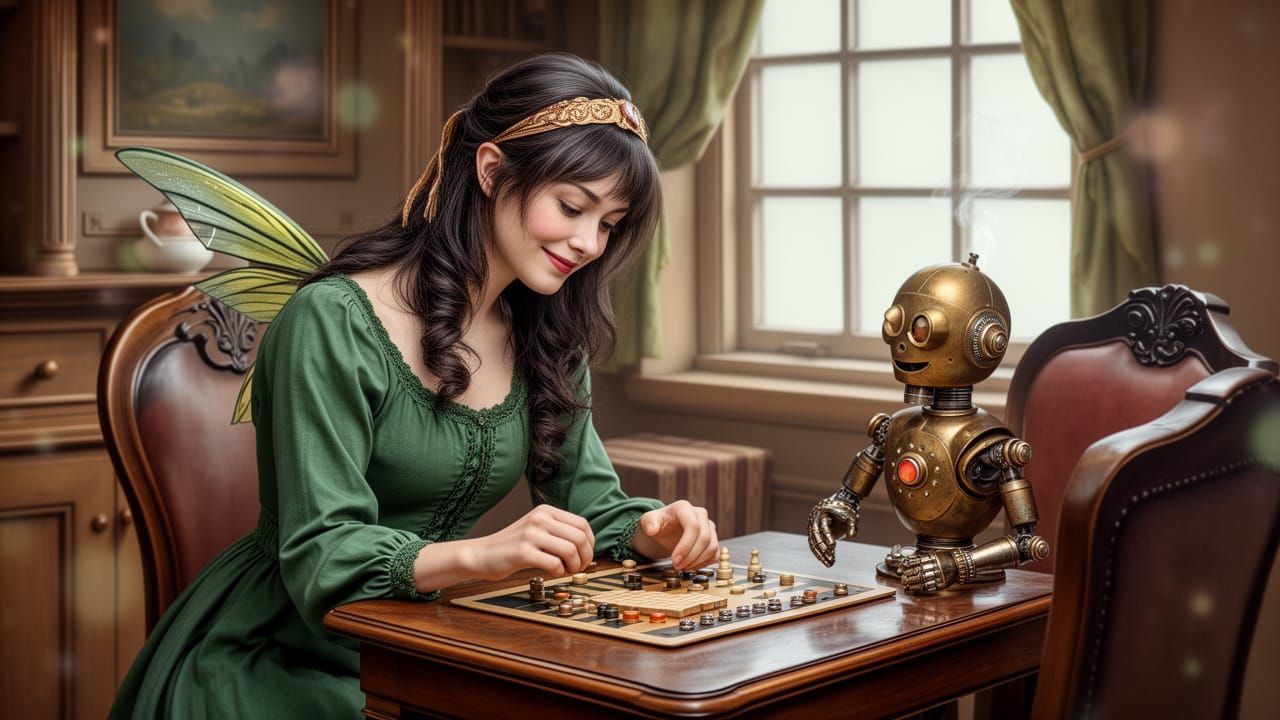 Victorian Fairy Woman Plays Game With Brass Robot