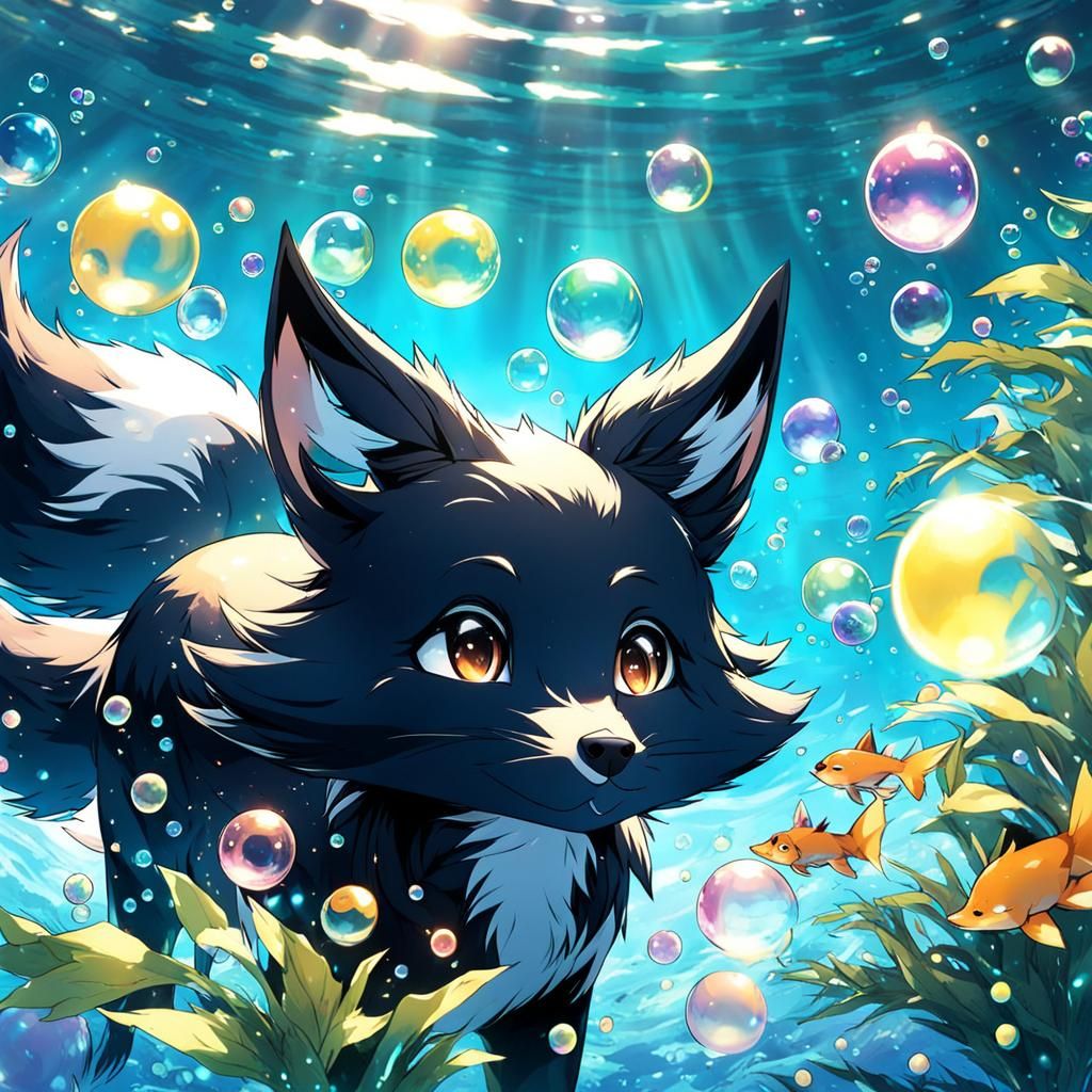 Black Fox Swimming in Anime Style