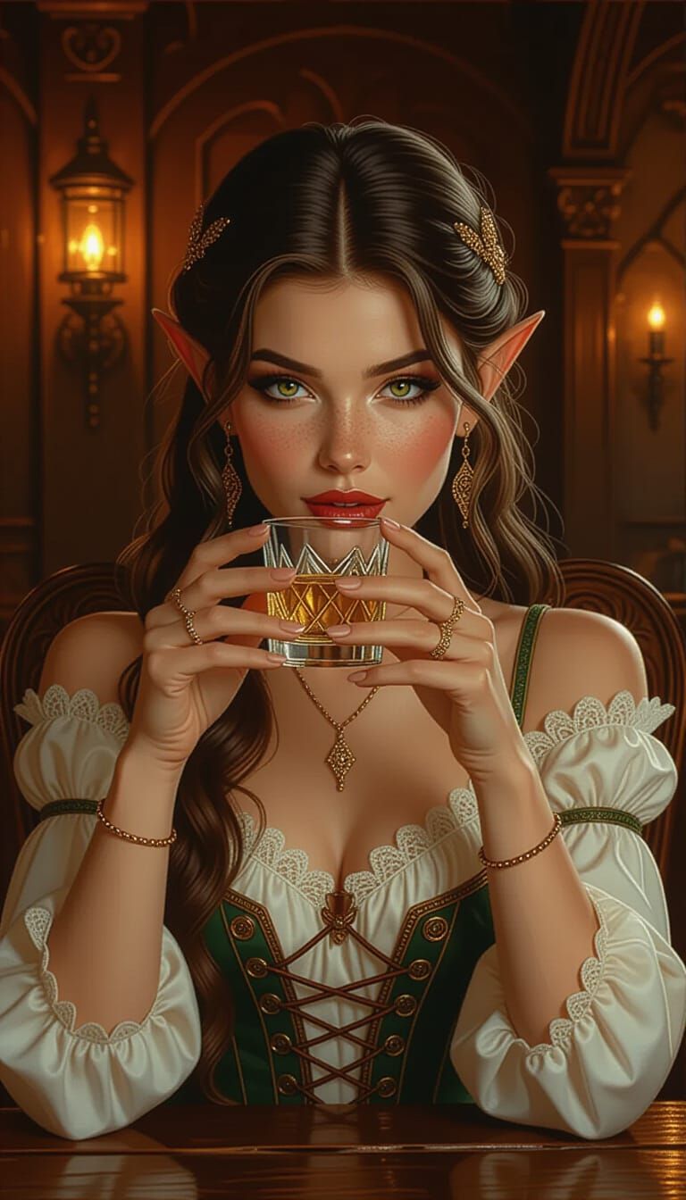 Elf Woman Drinks Tequila: Photorealistic Fantasy Art