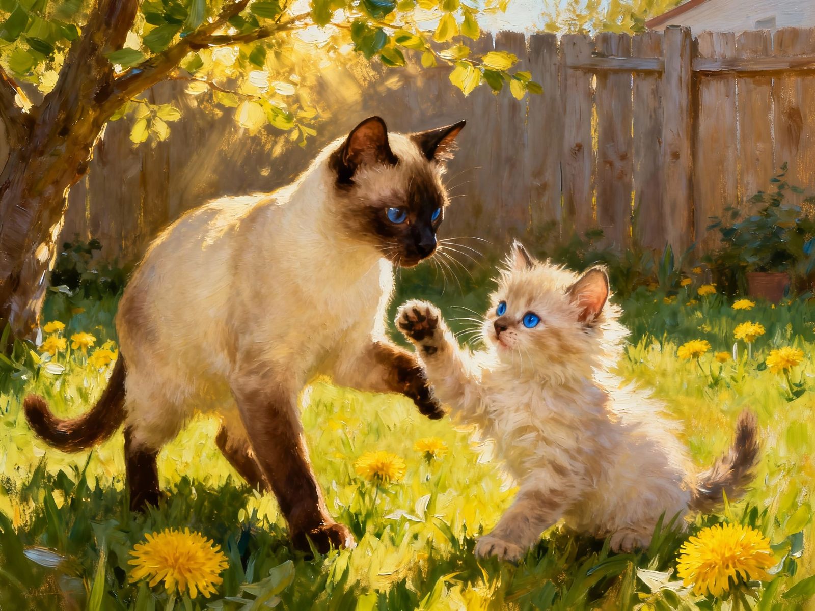 Siamese Cat Family Playful in Sunshine Oil Painting
