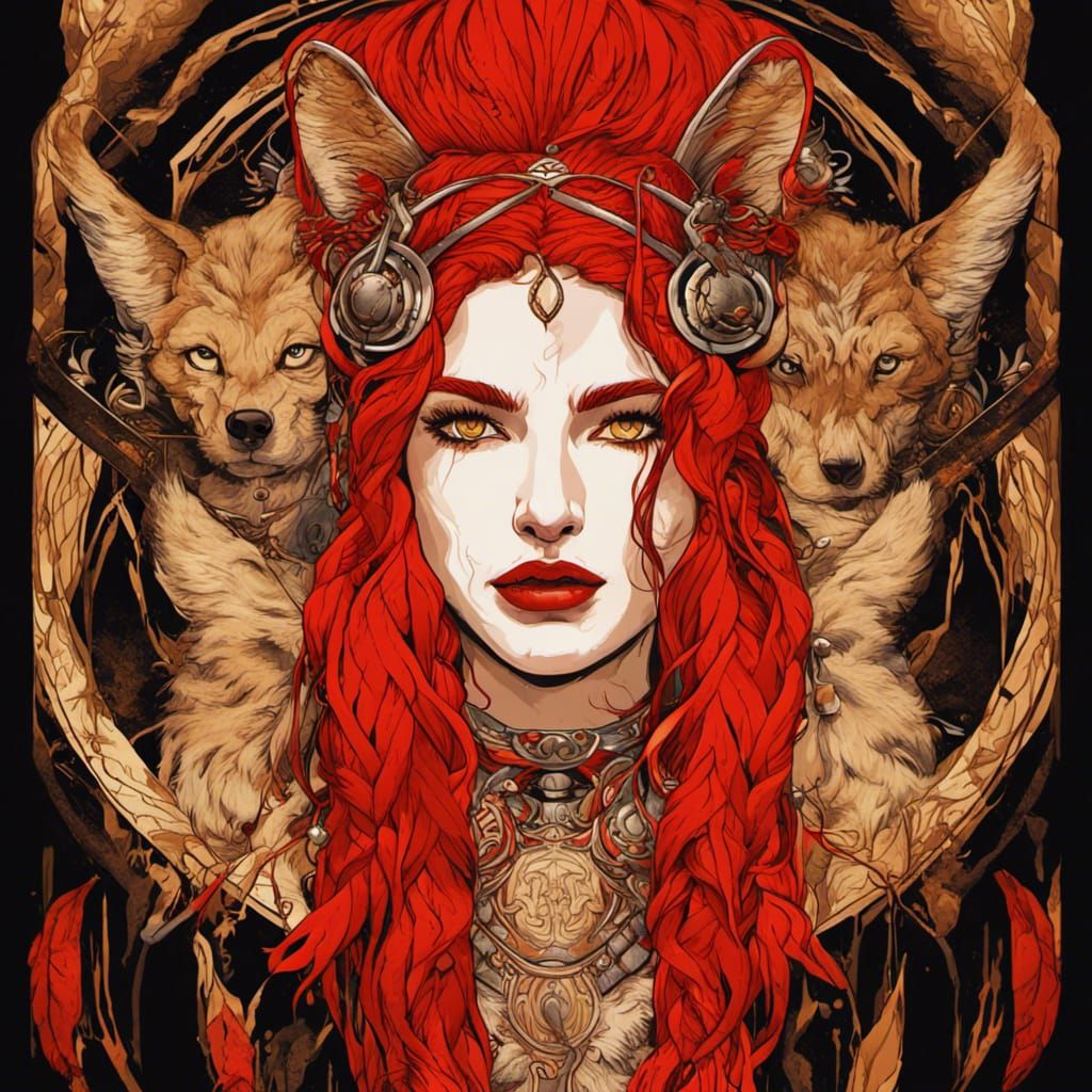 Red-Haired Wolf Goddess: Art Nouveau Digital Art