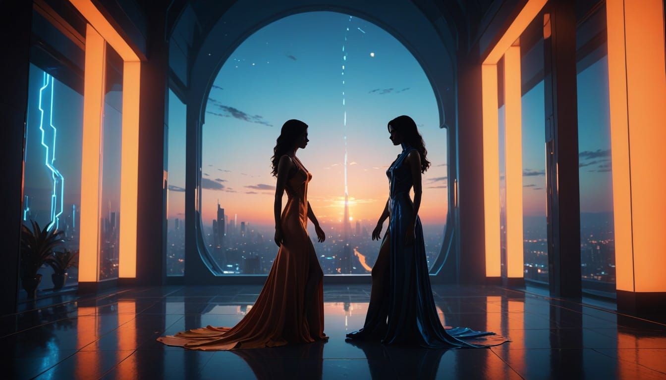 Romantic Futuristic Lovers in Neon-Lit Luxury